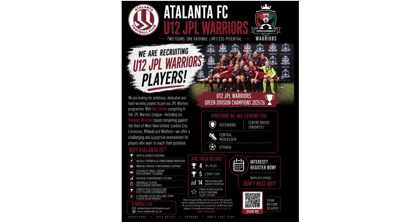 Atalanta FC recruiting U12 JPL Warriors Players for 2026/27 Season